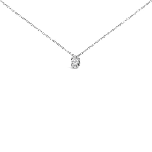 Front-facing close-up of a white necklace with a pendant featuring one round white gemstone surrounded by smaller round white gemstones in a prong setting.