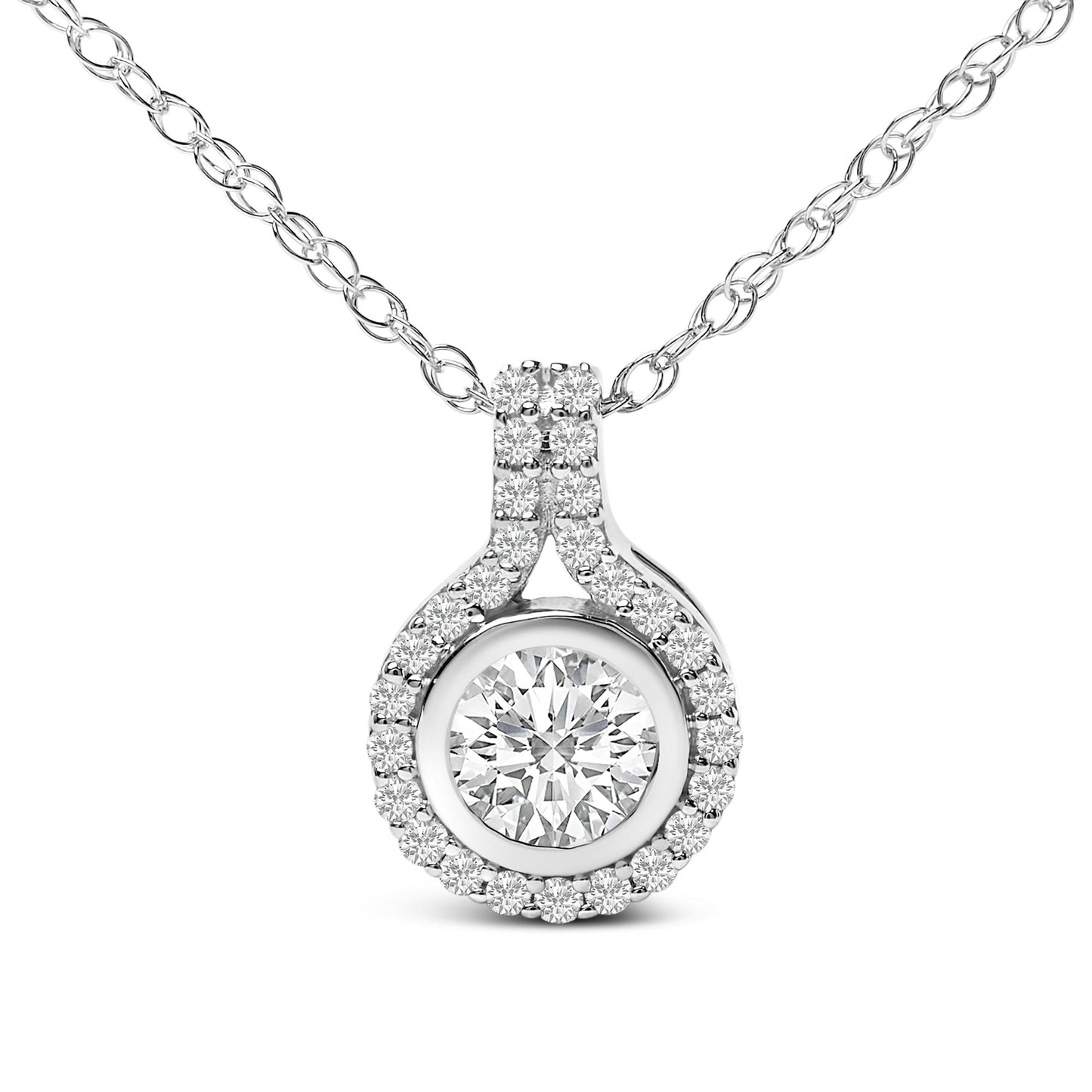Sterling Silver 3/4 Cttw Lab Grown Diamond Halo Pendant Necklace
