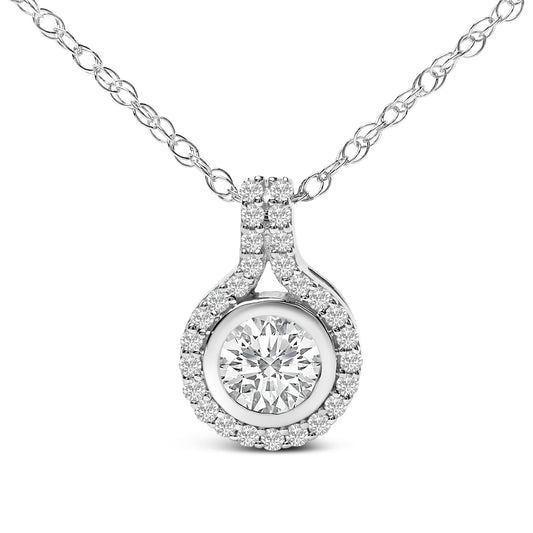 Sterling Silver 3/4 Cttw Lab Grown Diamond Halo Pendant Necklace