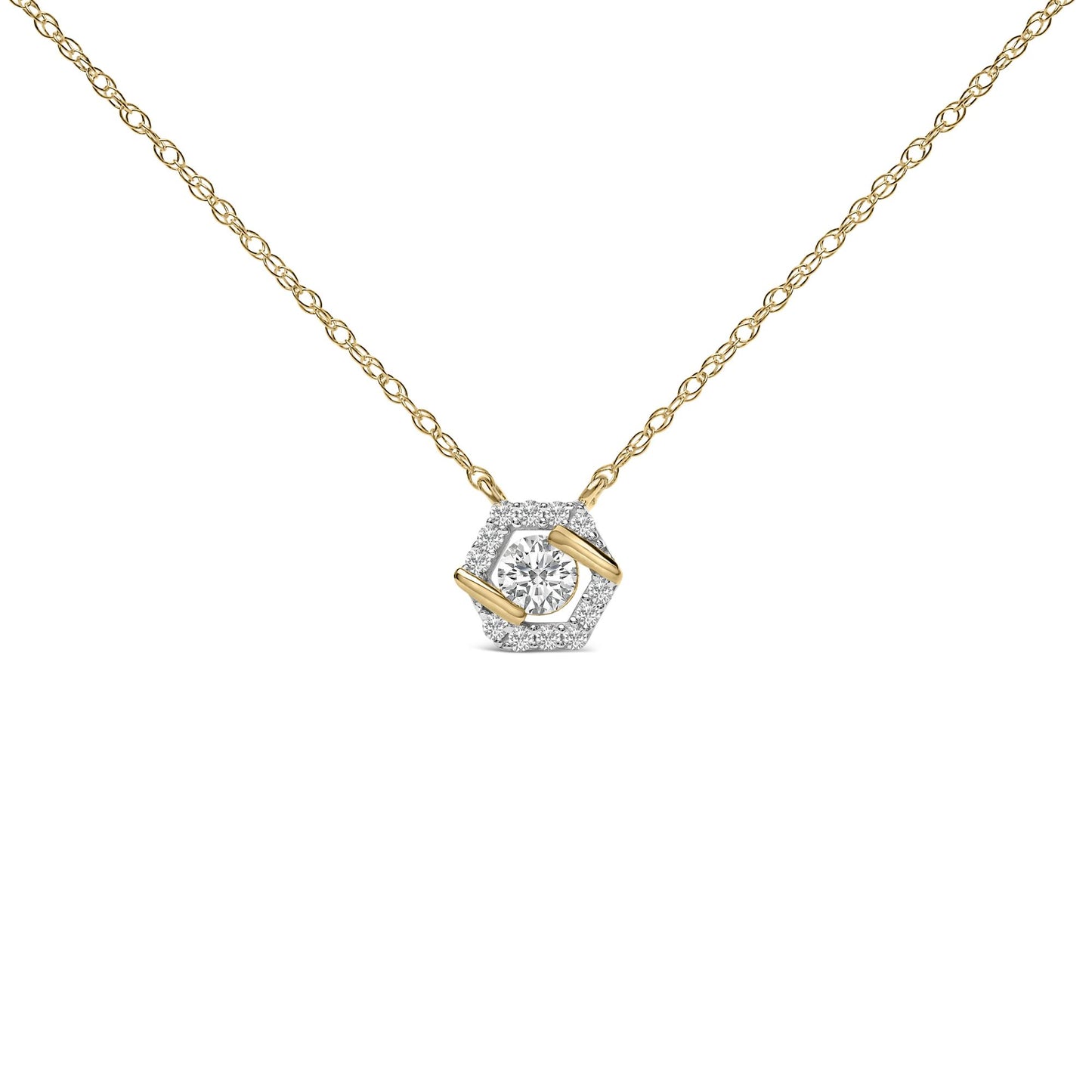 Close-up front view of a yellow metal necklace with a hexagonal pendant featuring one round white gemstone in the center held by two prongs and surrounded by smaller round white gemstones in a prong setting.