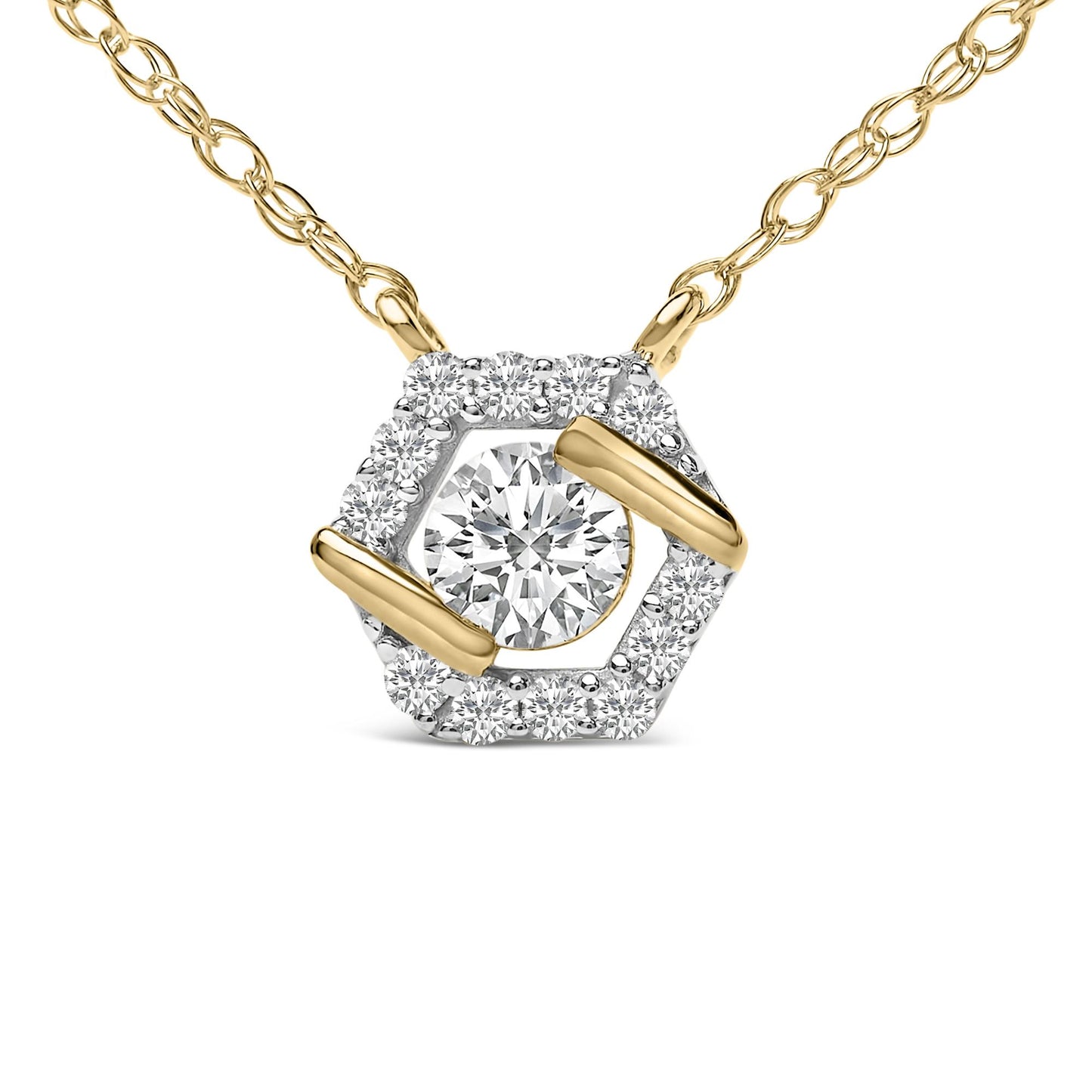 Close-up front view of a yellow metal necklace with a hexagonal pendant featuring a central round white gemstone held by two yellow metal prongs, surrounded by smaller round white gemstones set in a white metal border.