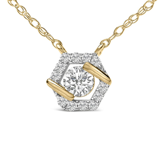 Close-up front view of a yellow metal necklace with a hexagonal pendant featuring a central round white gemstone held by two yellow metal prongs, surrounded by smaller round white gemstones set in a white metal border.
