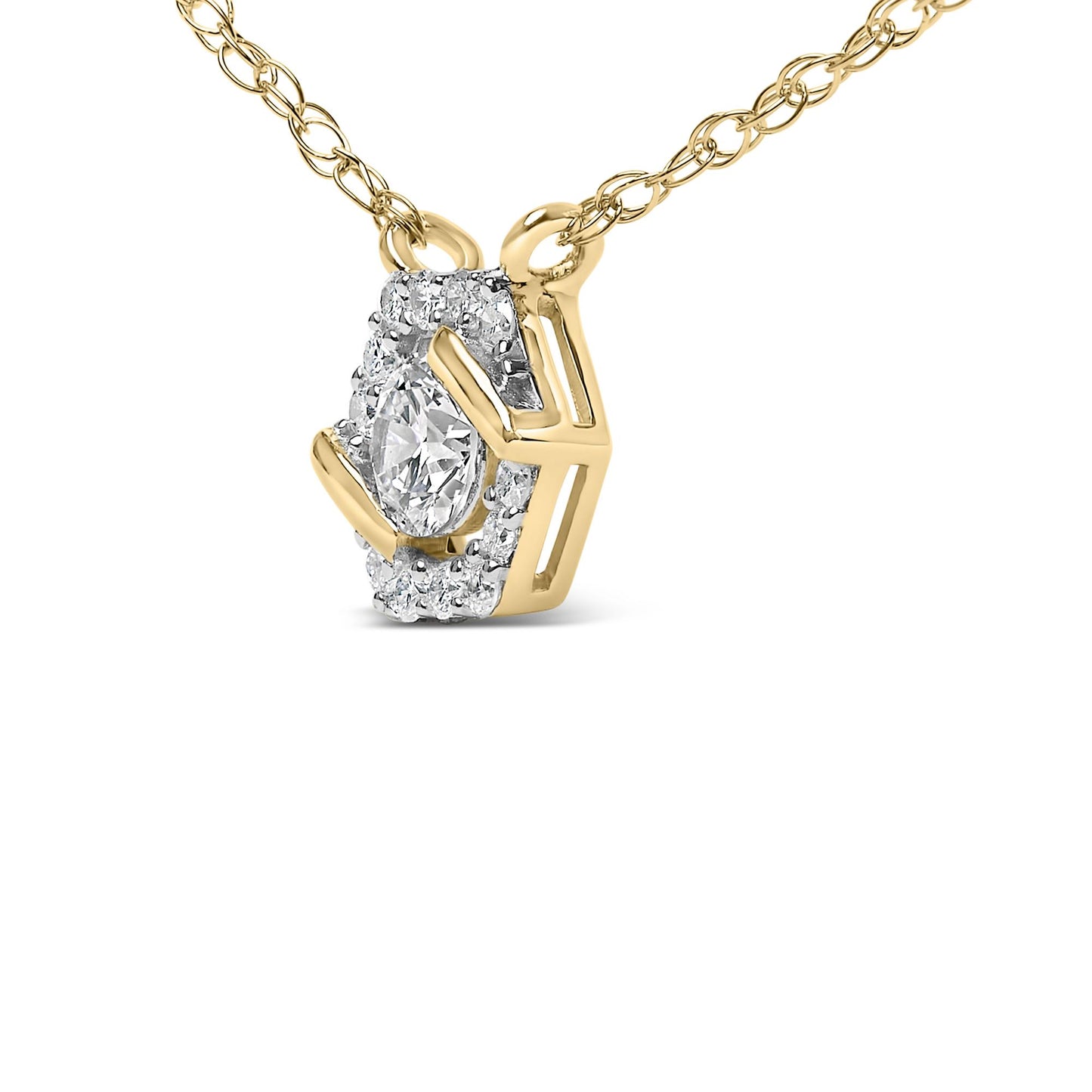 Close-up front angle of a yellow metal necklace with a pendant featuring a single marquise-shaped white gemstone surrounded by multiple smaller round white gemstones in prong settings.