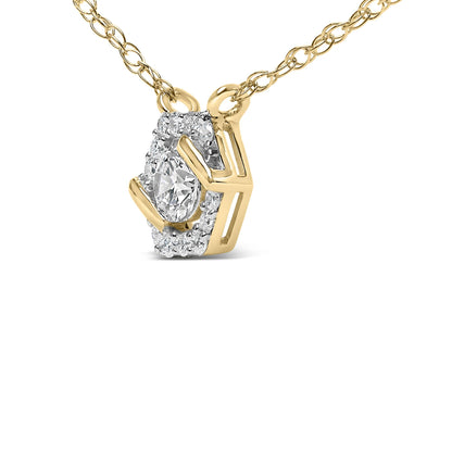 Close-up front angle of a yellow metal necklace with a pendant featuring a single marquise-shaped white gemstone surrounded by multiple smaller round white gemstones in prong settings.