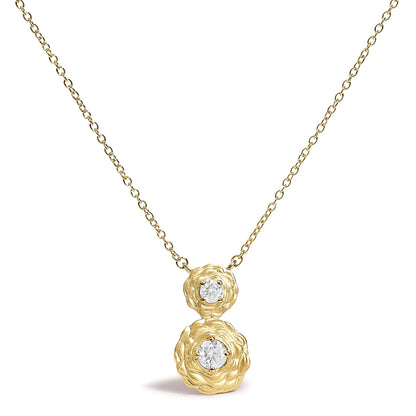 Yellow necklace with two round white gemstones in four-prong settings, designed like textured floral shapes, shown in a front-facing close-up.