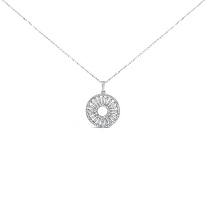 White metal necklace shown from the front with a circular pendant featuring concentric rows of round and baguette shaped white gemstones in prong settings, photographed on a white background.