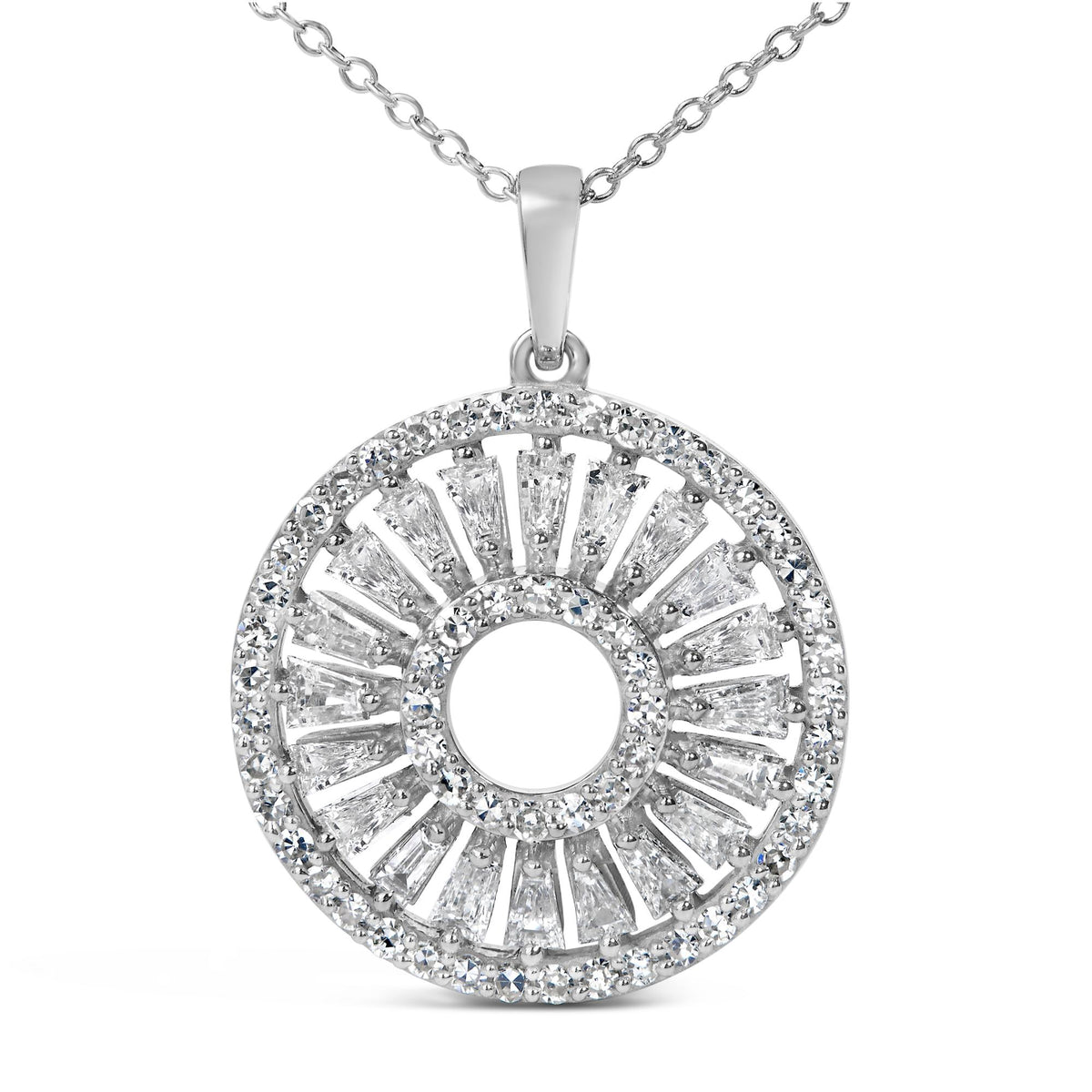 Close-up front angle of a white metal circular pendant necklace featuring baguette and round white gemstones in prong settings with an open center, shown on a white background.