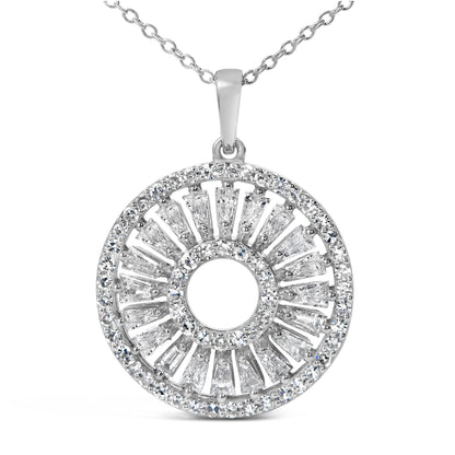 Close-up front angle of a white metal circular pendant necklace featuring baguette and round white gemstones in prong settings with an open center, shown on a white background.