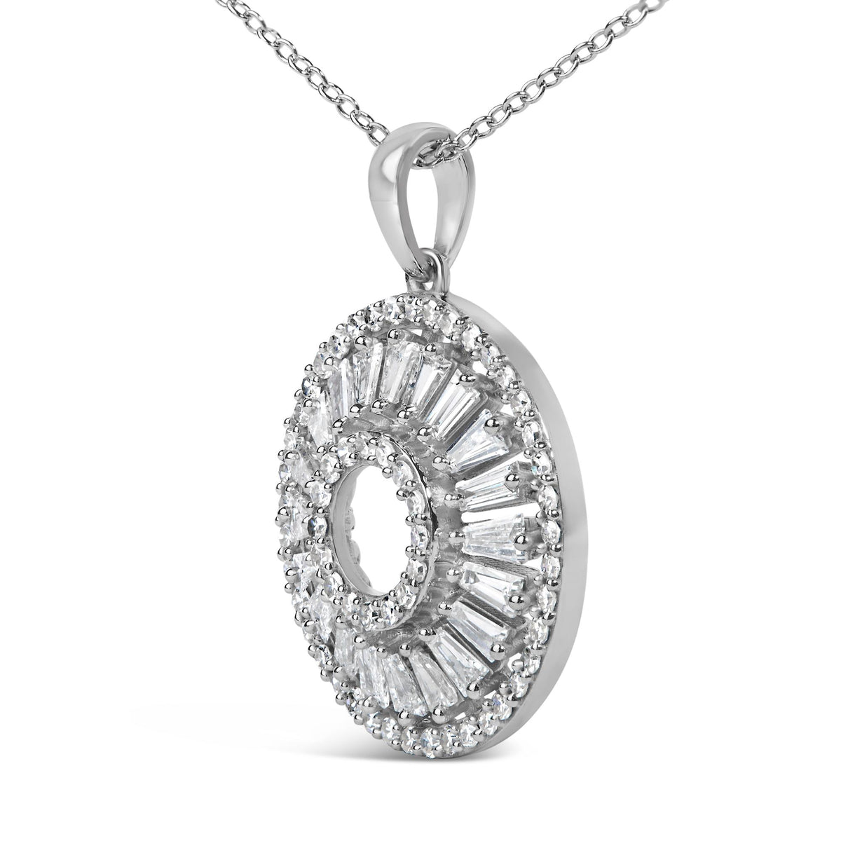 Close-up front angle of a white metal necklace pendant featuring an oval open design with prong-set white gemstones in round and baguette shapes, shown on a white background.