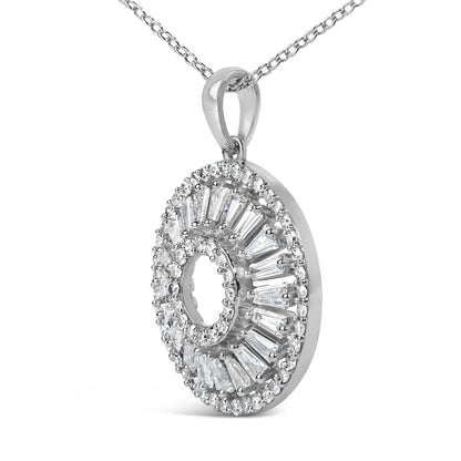 Close-up front angle of a white metal necklace pendant featuring an oval open design with prong-set white gemstones in round and baguette shapes, shown on a white background.