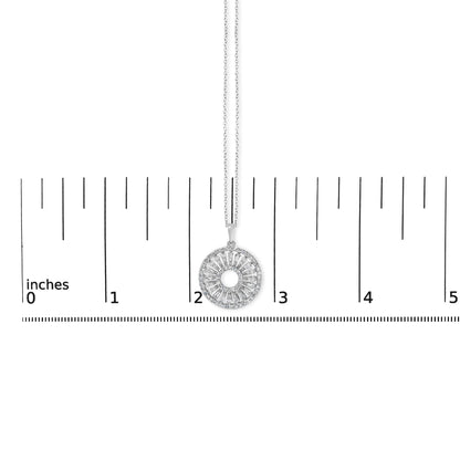 White metal necklace with a round pendant featuring prong-set white baguette and round gemstones, shown on a scale from above.