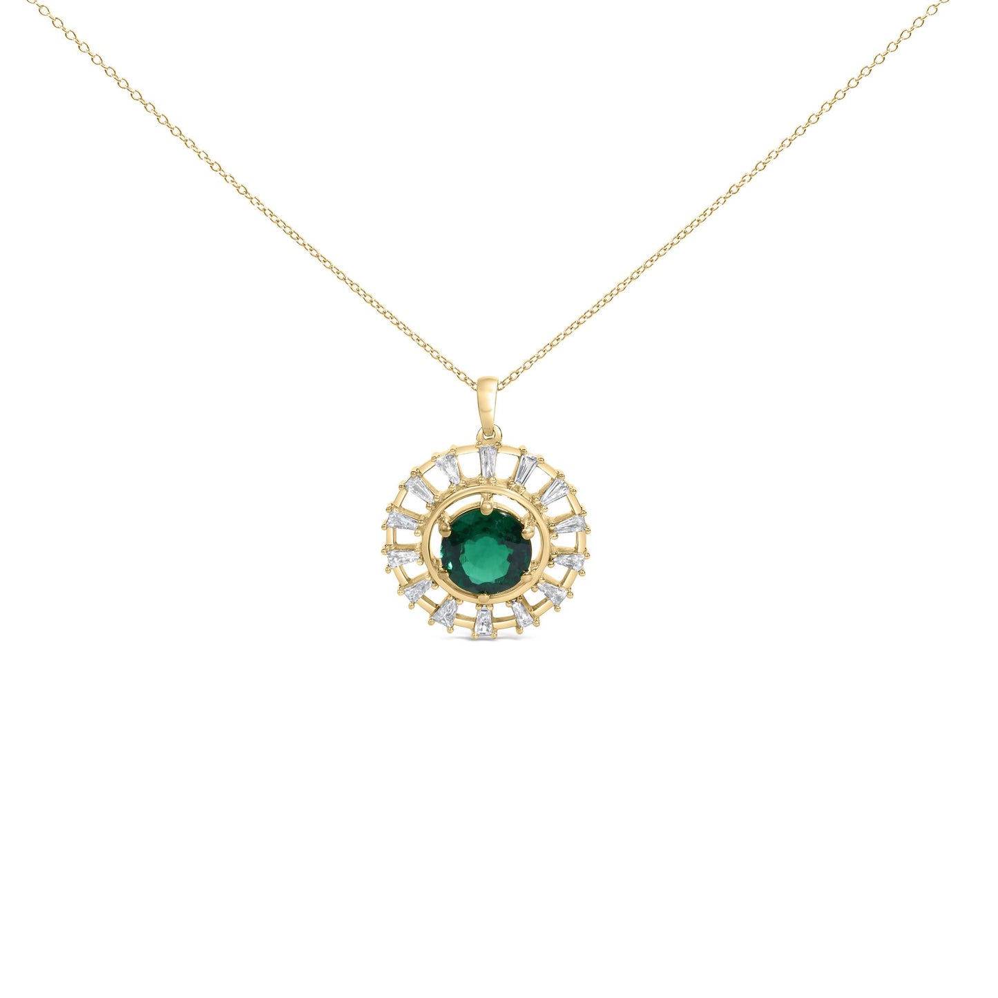 Close-up front view of a yellow necklace with a round green gemstone center, surrounded by multiple white baguette-shaped gemstones in prong settings.