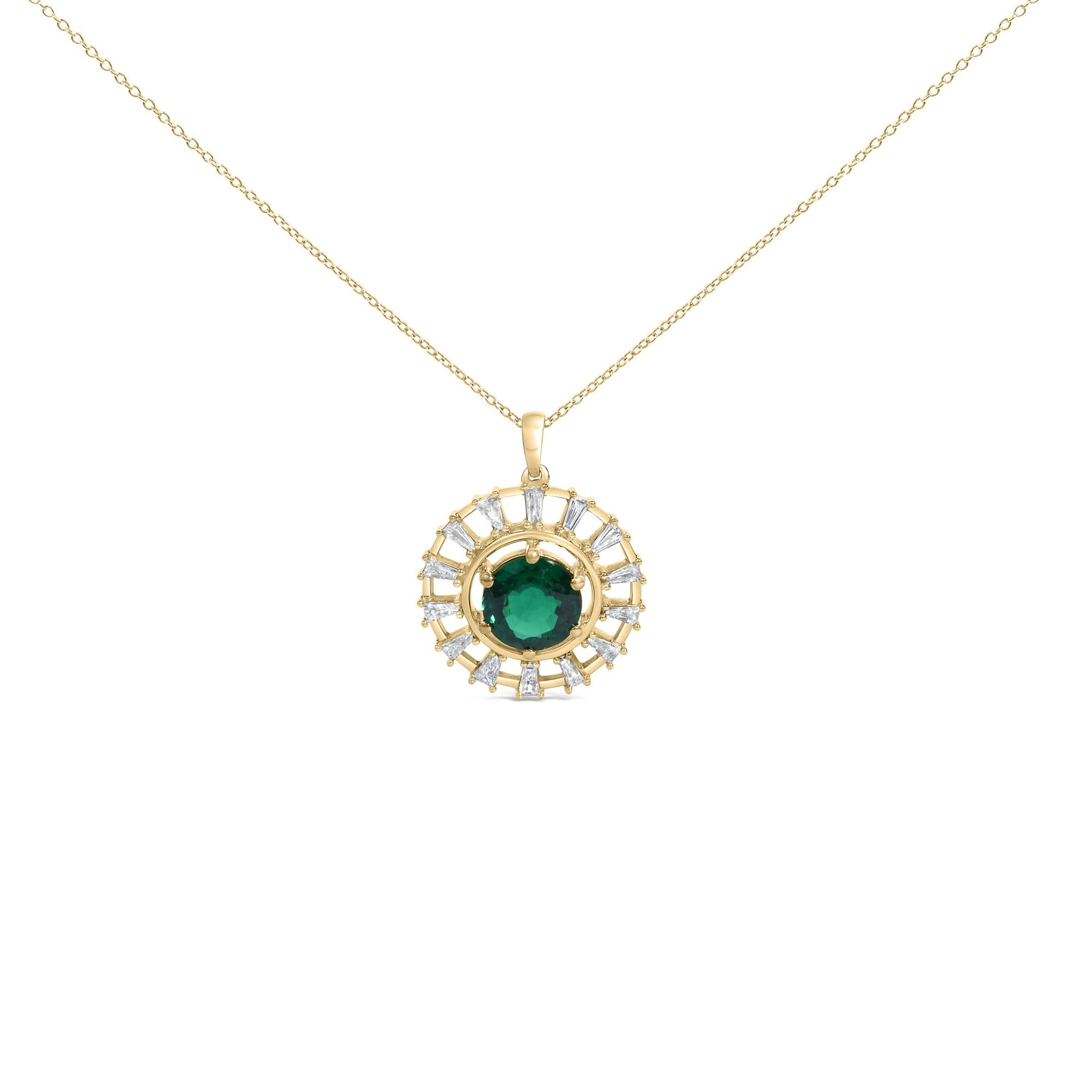 Close-up front view of a yellow necklace with a round green gemstone center, surrounded by multiple white baguette-shaped gemstones in prong settings.