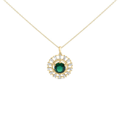Close-up front view of a yellow necklace with a round green gemstone center, surrounded by multiple white baguette-shaped gemstones in prong settings.