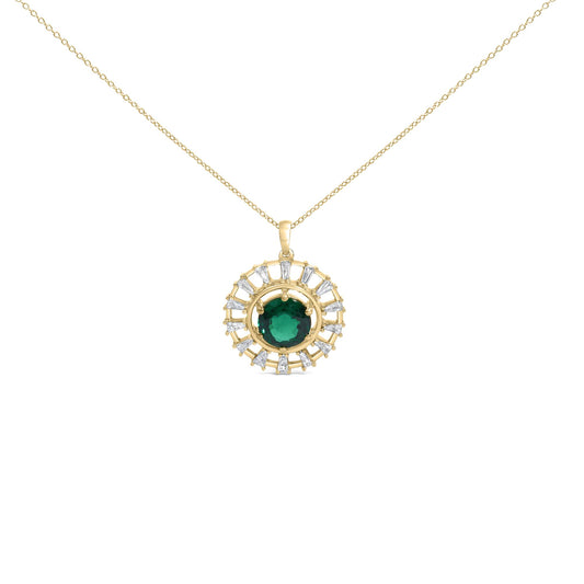 Close-up front view of a yellow necklace with a round green gemstone center, surrounded by multiple white baguette-shaped gemstones in prong settings.