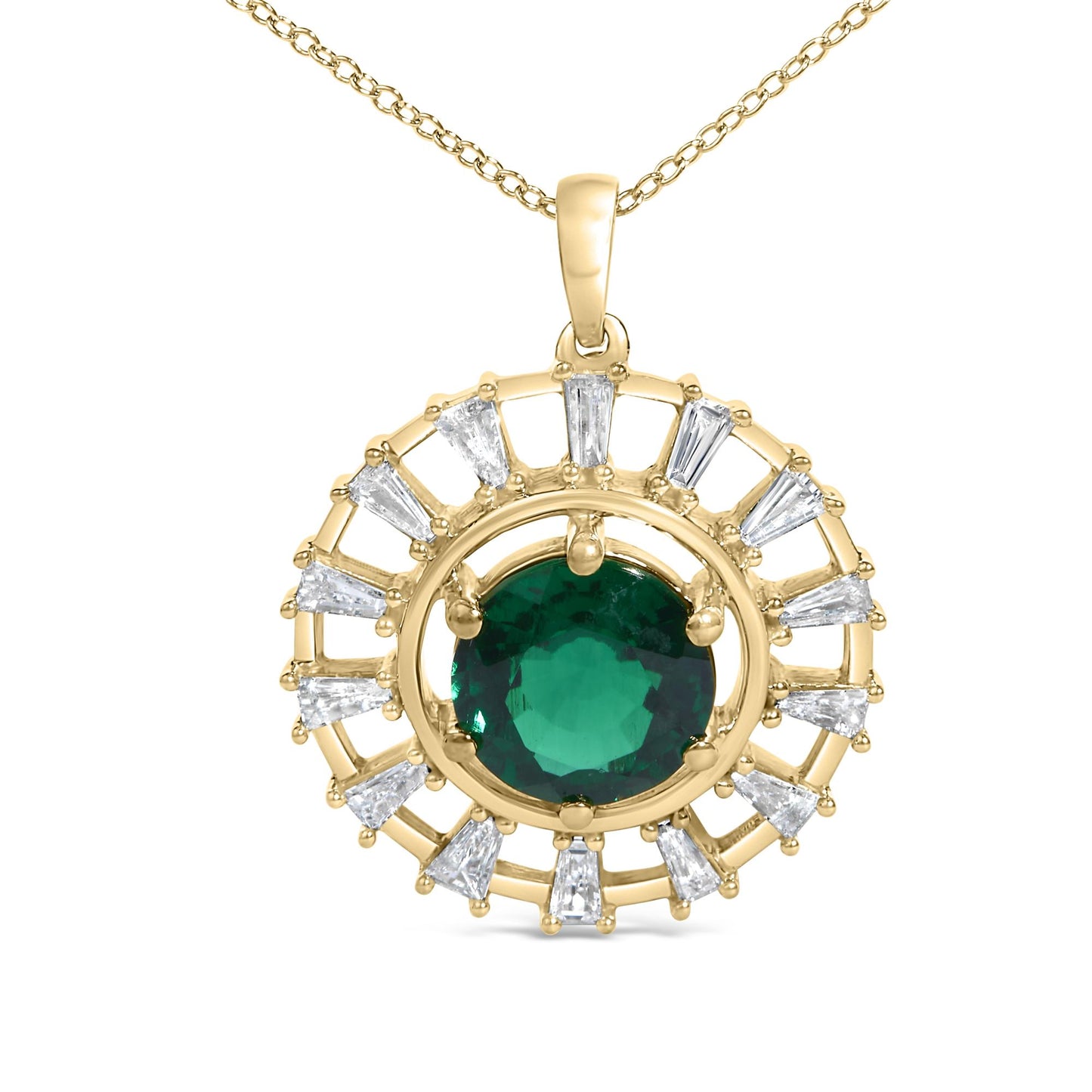 Close-up front view of a yellow metal necklace pendant featuring a circular design with a central round green gemstone surrounded by white baguette-shaped gemstones in prong settings.