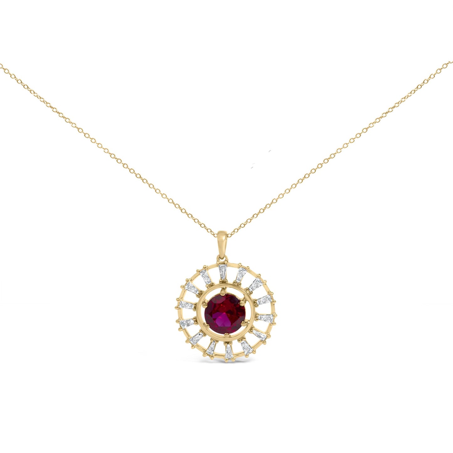 Yellow necklace shown on a white background with a round red gemstone center surrounded by a circular arrangement of white baguette-shaped gemstones in a sunburst design, photographed from a front angle.