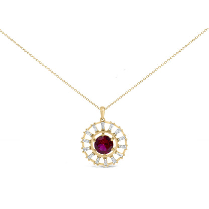 Yellow necklace shown on a white background with a round red gemstone center surrounded by a circular arrangement of white baguette-shaped gemstones in a sunburst design, photographed from a front angle.