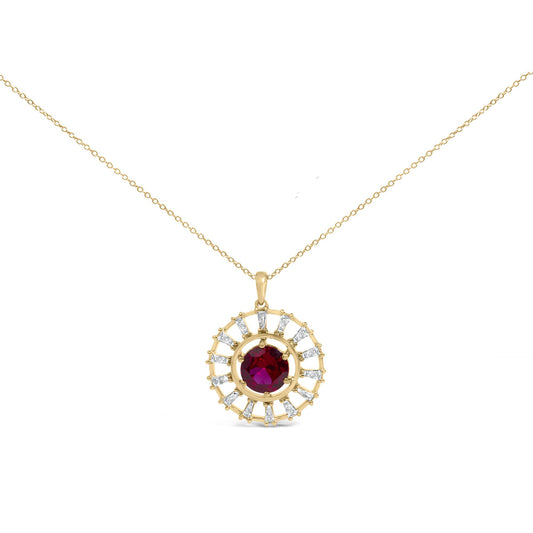 Yellow necklace shown on a white background with a round red gemstone center surrounded by a circular arrangement of white baguette-shaped gemstones in a sunburst design, photographed from a front angle.