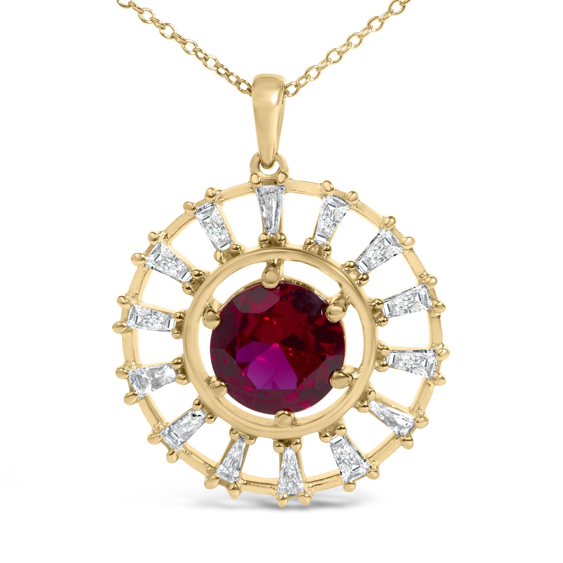 Close-up top front view of a yellow metal necklace pendant with a round red gemstone center surrounded by a circular pattern of white baguette-shaped gemstones in prong settings.