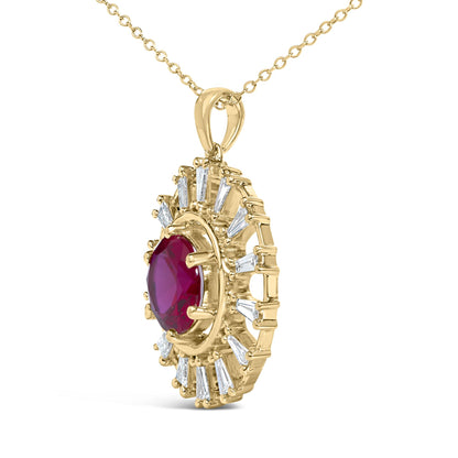 Close-up front angle of a yellow metal necklace pendant featuring a large red round gemstone center surrounded by white baguette-shaped gemstones in prong settings.