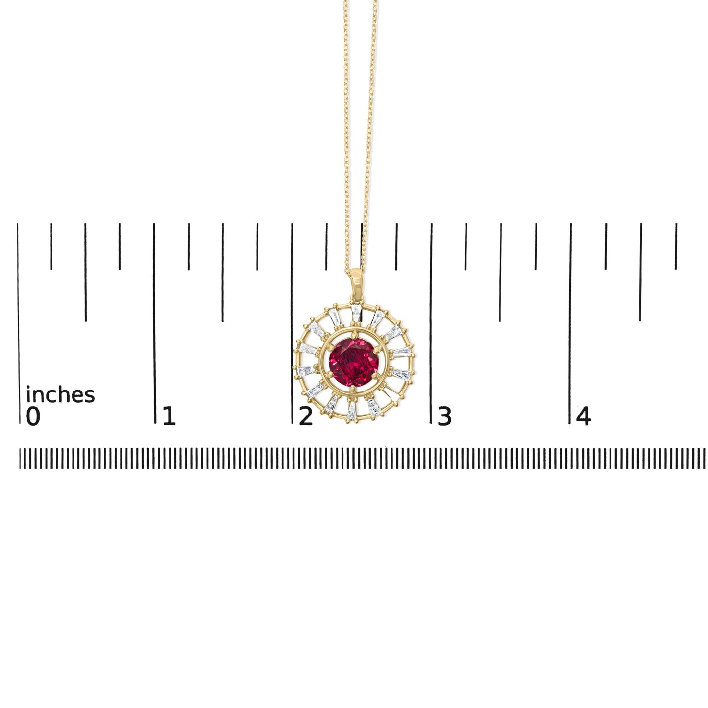 Close-up front view of a yellow metal necklace pendant with a round red gemstone center surrounded by baguette-shaped white gemstones, shown on a scale.