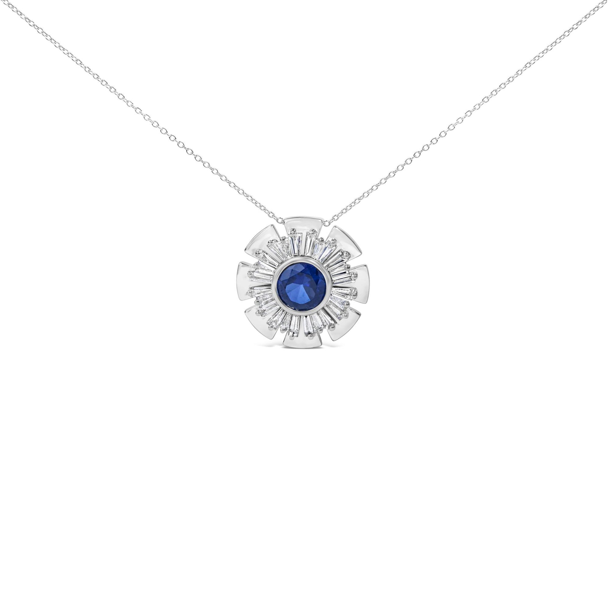 Sterling Silver Lab Grown Blue Sapphire and 1 1/5 Cttw Diamond Sunburst Pendant Necklace