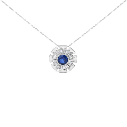 Sterling Silver Lab Grown Blue Sapphire and 1 1/5 Cttw Diamond Sunburst Pendant Necklace