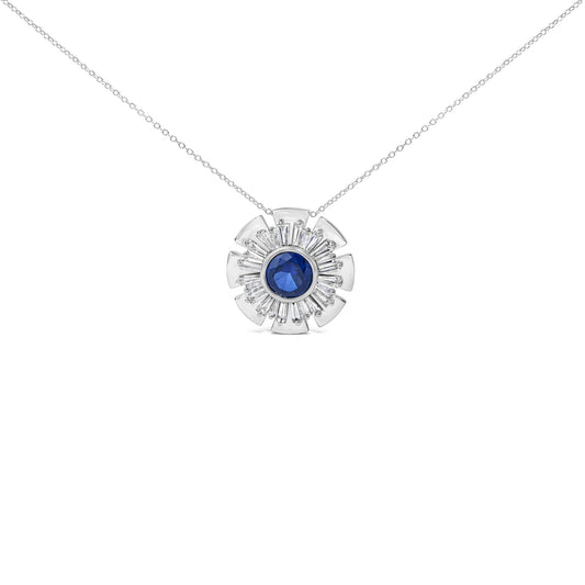 Sterling Silver Lab Grown Blue Sapphire and 1 1/5 Cttw Diamond Sunburst Pendant Necklace