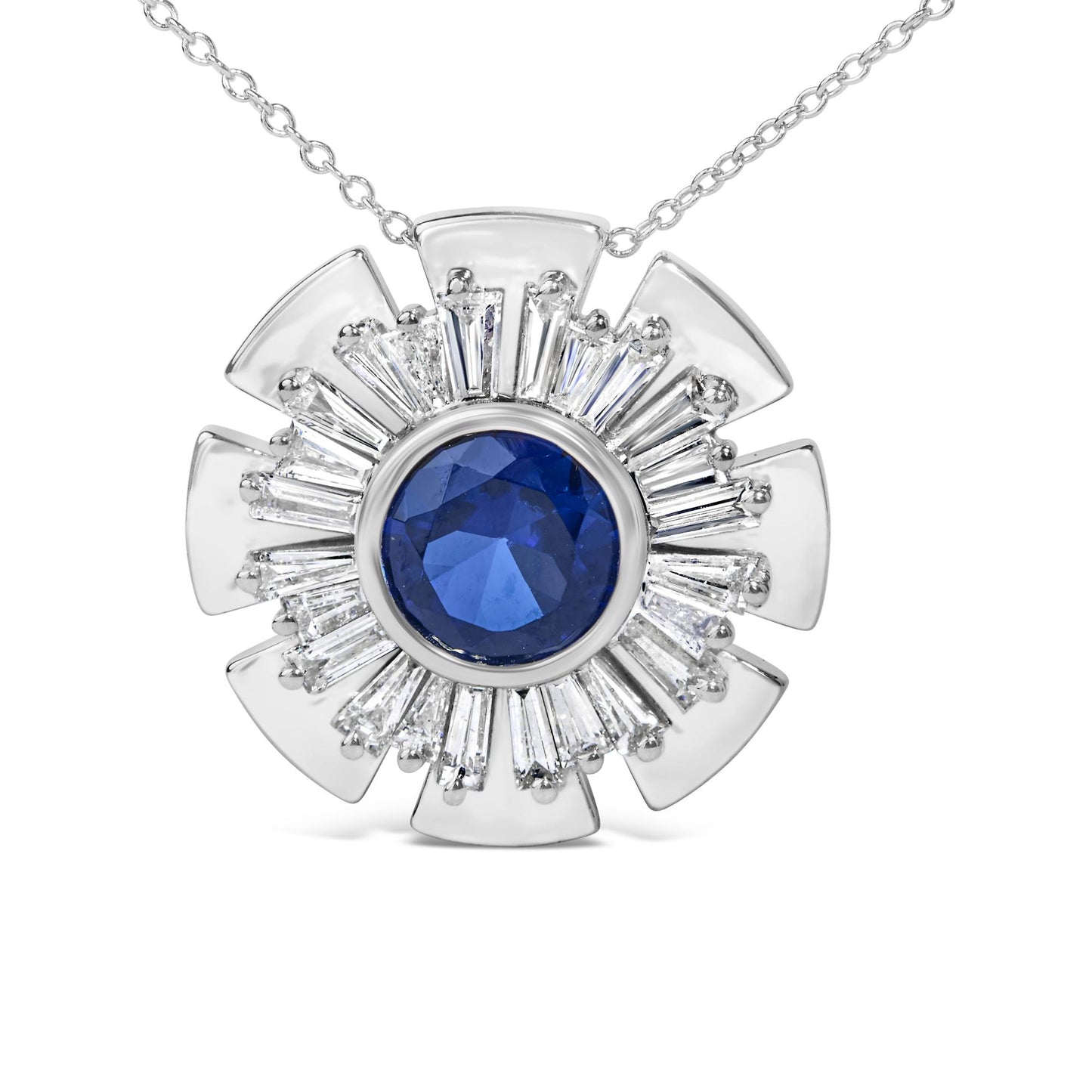Sterling Silver Lab Grown Blue Sapphire and 1 1/5 Cttw Diamond Sunburst Pendant Necklace