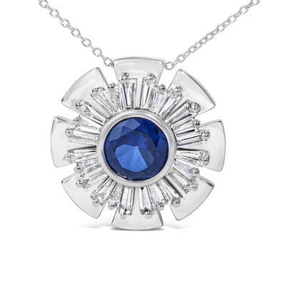 Sterling Silver Lab Grown Blue Sapphire and 1 1/5 Cttw Diamond Sunburst Pendant Necklace