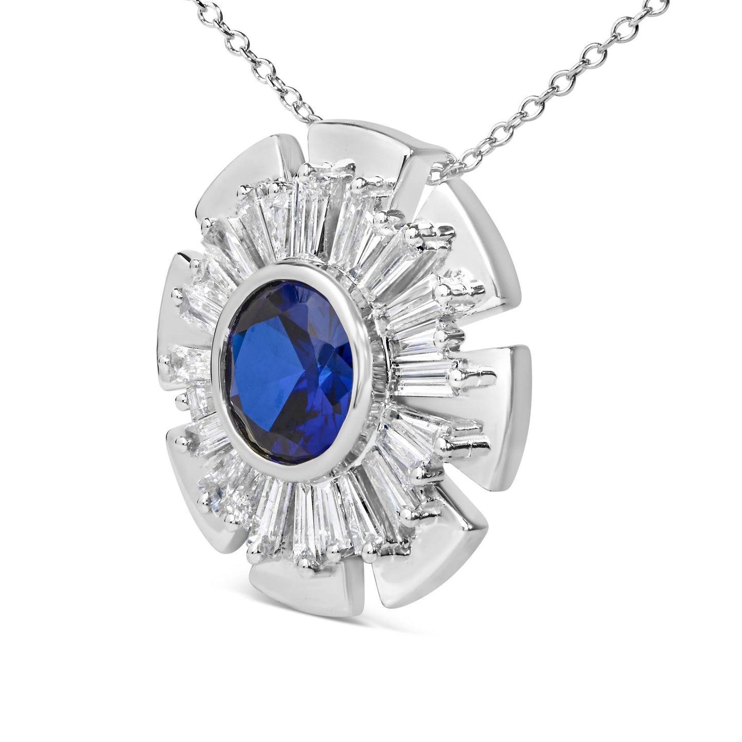 Sterling Silver Lab Grown Blue Sapphire and 1 1/5 Cttw Diamond Sunburst Pendant Necklace