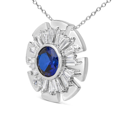 Sterling Silver Lab Grown Blue Sapphire and 1 1/5 Cttw Diamond Sunburst Pendant Necklace