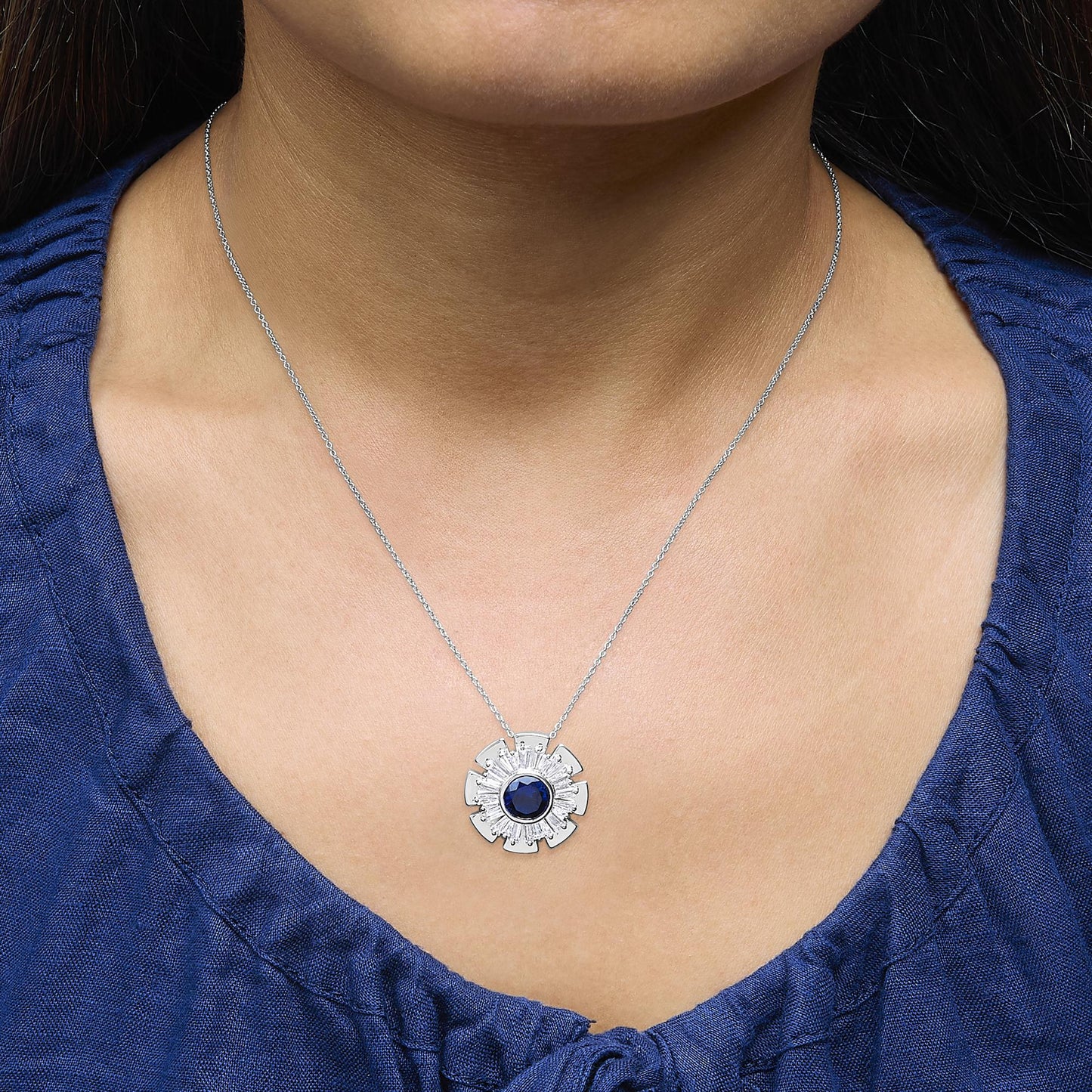 Sterling Silver Lab Grown Blue Sapphire and 1 1/5 Cttw Diamond Sunburst Pendant Necklace