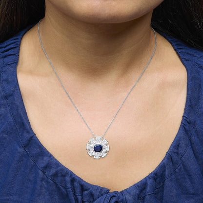 Sterling Silver Lab Grown Blue Sapphire and 1 1/5 Cttw Diamond Sunburst Pendant Necklace