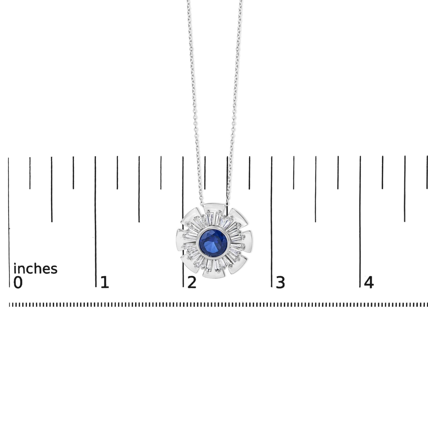 Sterling Silver Lab Grown Blue Sapphire and 1 1/5 Cttw Diamond Sunburst Pendant Necklace