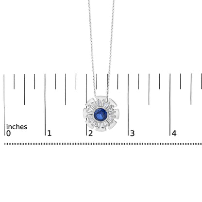 Sterling Silver Lab Grown Blue Sapphire and 1 1/5 Cttw Diamond Sunburst Pendant Necklace