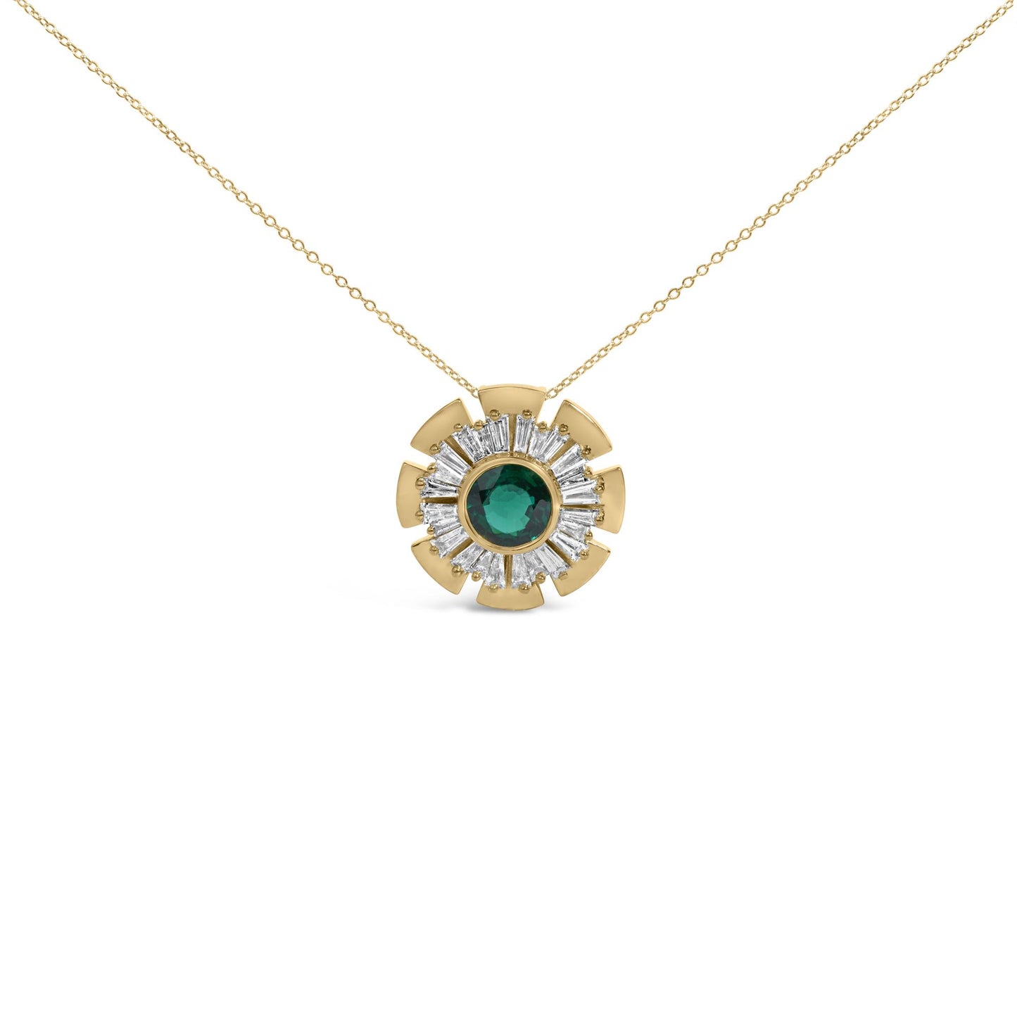 Close-up front view of a yellow metal necklace with a circular pendant featuring a central round green gemstone surrounded by white baguette-shaped gemstones in prong settings, shown on a white background.