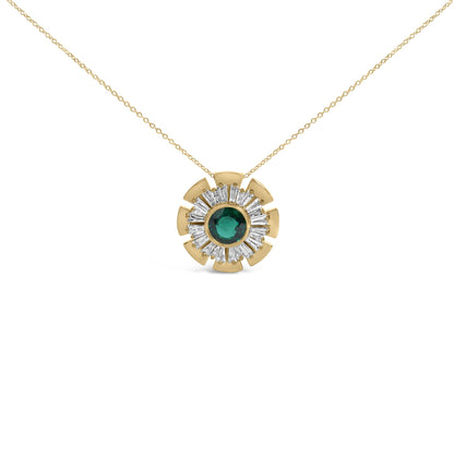 Close-up front view of a yellow metal necklace with a circular pendant featuring a central round green gemstone surrounded by white baguette-shaped gemstones in prong settings, shown on a white background.