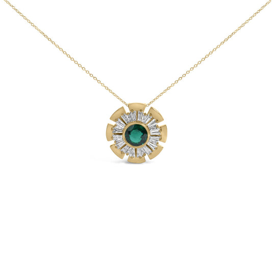 Close-up front view of a yellow metal necklace with a circular pendant featuring a central round green gemstone surrounded by white baguette-shaped gemstones in prong settings, shown on a white background.