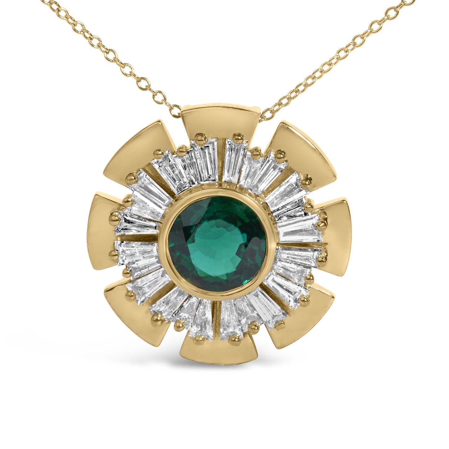 Close-up front view of a yellow metal necklace pendant featuring a central round green gemstone surrounded by white baguette-shaped gemstones in a prong setting, and accented with yellow metal geometric shapes.