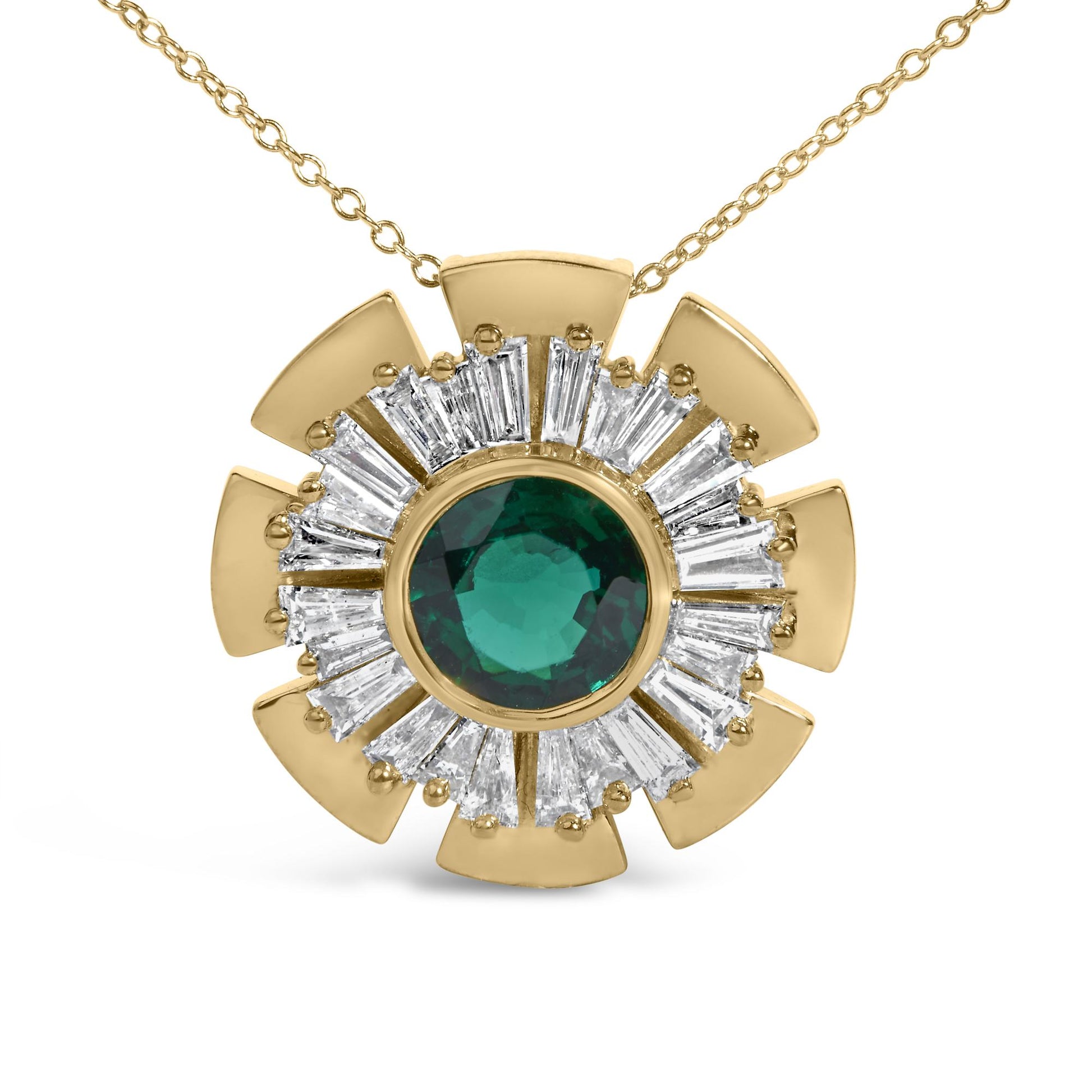 Close-up front view of a yellow metal necklace pendant featuring a central round green gemstone surrounded by white baguette-shaped gemstones in a prong setting, and accented with yellow metal geometric shapes.
