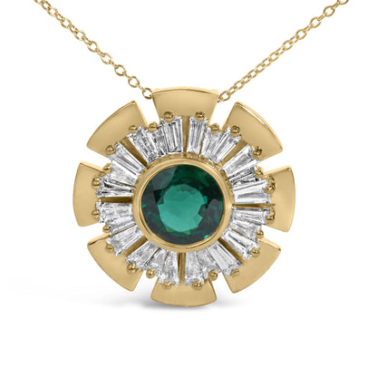 Close-up front view of a yellow metal necklace pendant featuring a central round green gemstone surrounded by white baguette-shaped gemstones in a prong setting, and accented with yellow metal geometric shapes.