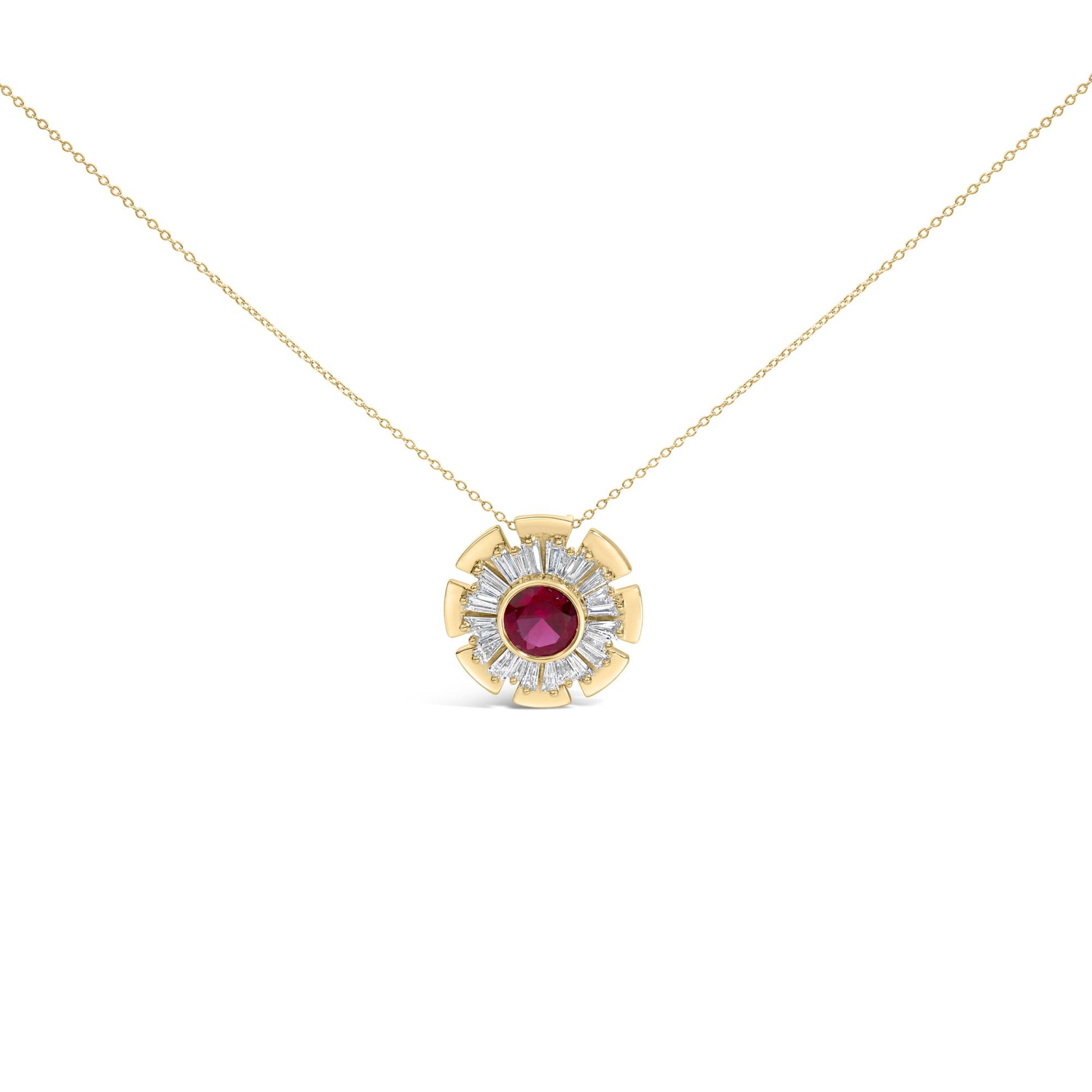 Close-up front view of a yellow necklace with a circular pendant featuring a central round red gemstone surrounded by prong-set white baguette-shaped gemstones.