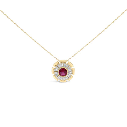 Close-up front view of a yellow necklace with a circular pendant featuring a central round red gemstone surrounded by prong-set white baguette-shaped gemstones.