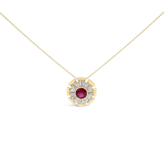 Close-up front view of a yellow necklace with a circular pendant featuring a central round red gemstone surrounded by prong-set white baguette-shaped gemstones.