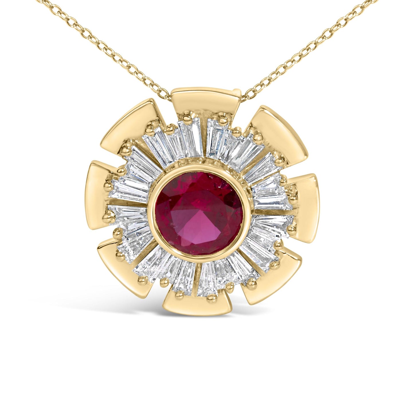 Close-up front view of a yellow metal necklace with a circular pendant featuring a central round red gemstone surrounded by a halo of baguette-shaped white gemstones in prong settings and polished metal segments.