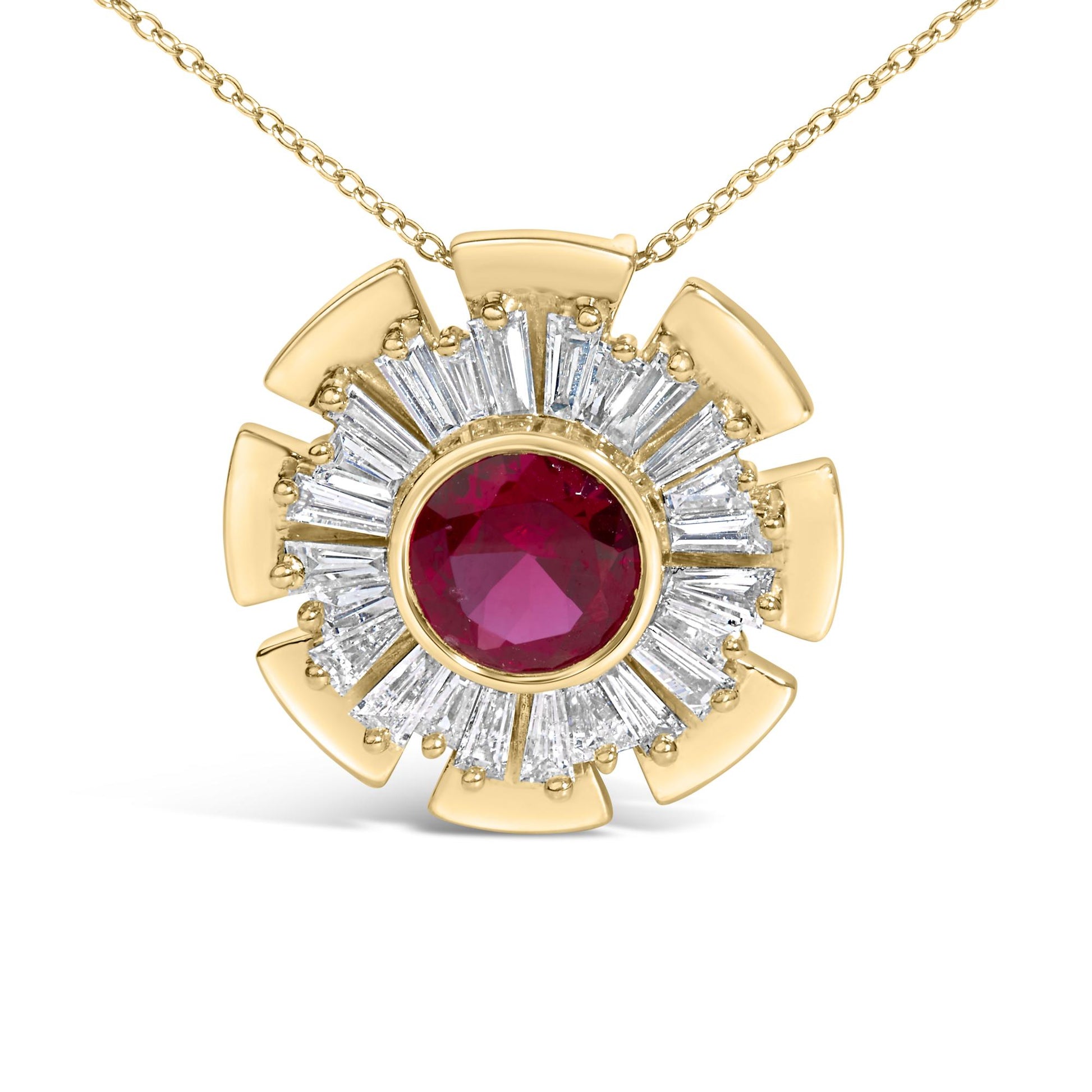 Close-up front view of a yellow metal necklace with a circular pendant featuring a central round red gemstone surrounded by a halo of baguette-shaped white gemstones in prong settings and polished metal segments.