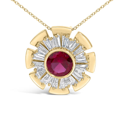 Close-up front view of a yellow metal necklace with a circular pendant featuring a central round red gemstone surrounded by a halo of baguette-shaped white gemstones in prong settings and polished metal segments.