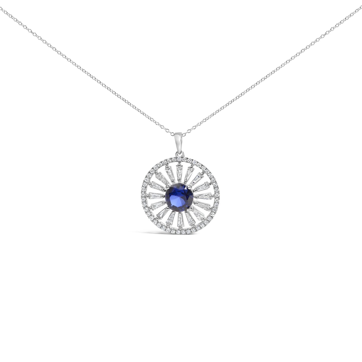 White necklace shown on a white background with a circular pendant featuring a central blue gemstone surrounded by white baguette and round gemstones, viewed from the front.